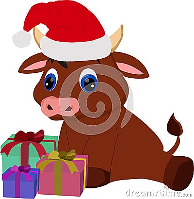 Bull symbol of the year sitting in a Christmas hat with a bunch of gifts, vector drawing Vector Illustration
